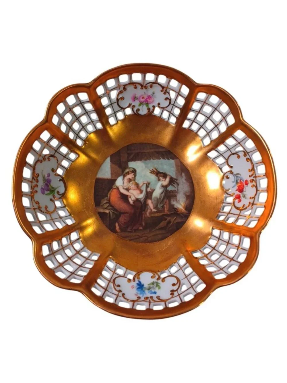 Antique Royal KPM Gold Reticulated Bowl With Pastoral Scene Hand-Painted Floral